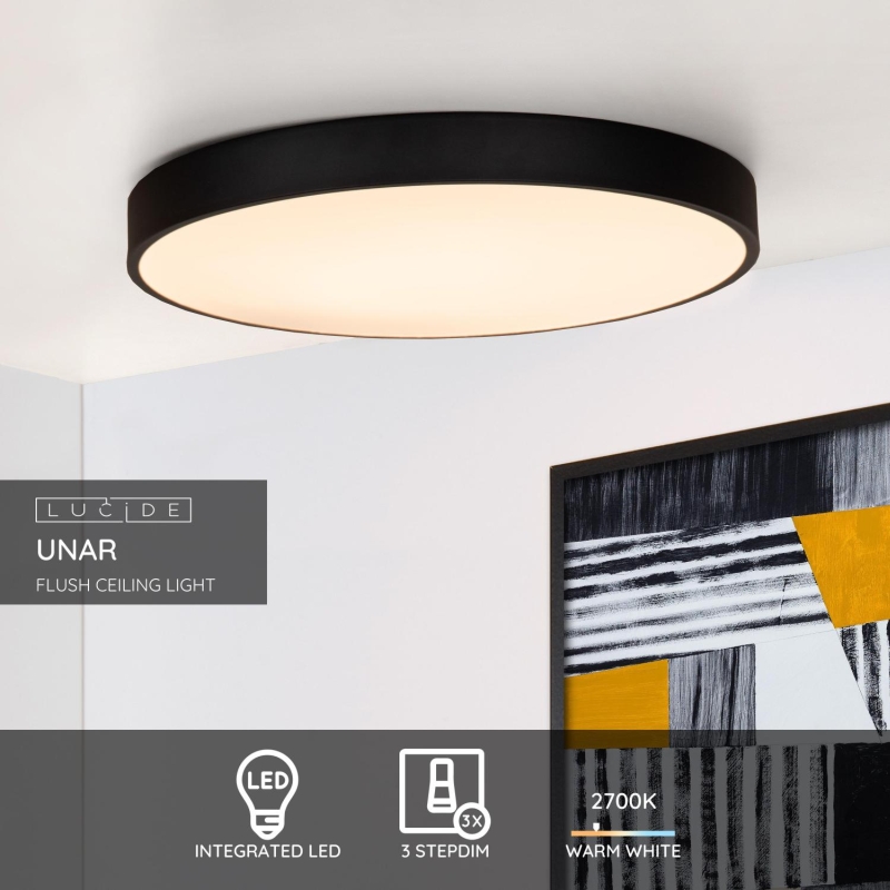 Lucide UNAR - Zapustené stropné svietidlo - Ø 49,5 cm - LED Dim. - 1x36W 2700K - 3 StepDim - Čierny